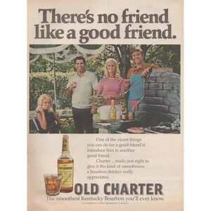 1971 Vintage Print Ad Old Charter Bourbon Kentucky Whiskey Barbecue Friends MCM